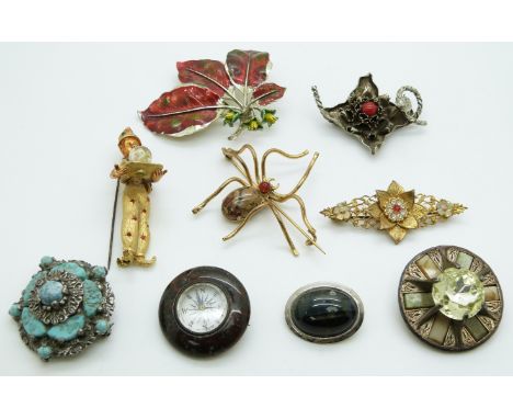 A collection of brooches including Trifari, Miracle, spider, compass etc&nbsp;