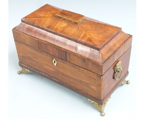 Georgian fruitwood or similar tea caddy with line inlaid and cross banded decoration with gilt metal handles and feet, openin