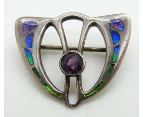 Charles Horner Edwardian silver Art Nouveau brooch set with enamel, Chester 1908