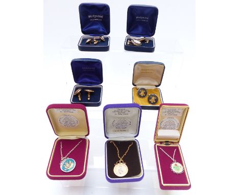 A pair of silver gilt Wedgwood cufflinks, three other pairs of Wedgwood cufflinks and three enamel coin pendants&nbsp;
