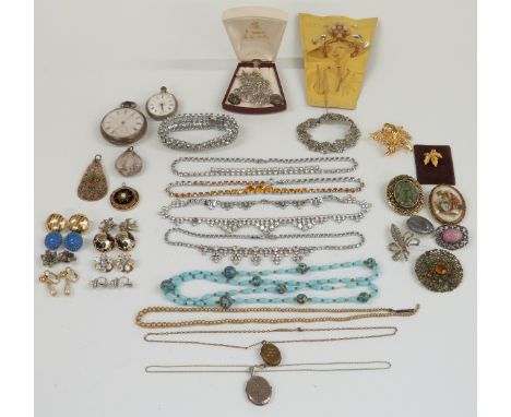 Collection of costume jewellery including silver pocket watches, vintage diamanté necklaces, vintage brooches etc