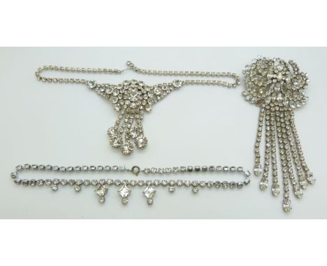 Two vintage diamanté necklaces and a brooch&nbsp;
