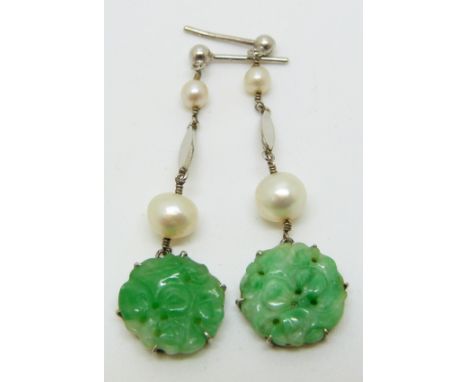 A pair of 9ct white gold Art Deco earrings set with a carved jade plaque and two pearls to each, 4.1g