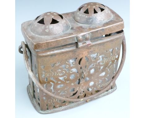17th/18thC continental copper tantalus with wrought iron handle, pierced and engraved decoration and hinged lid, the decanter