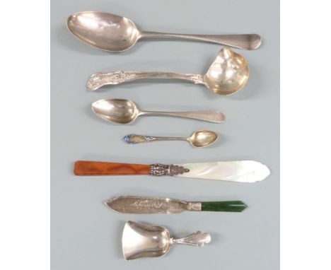 Georgian bottom hallmarked silver table spoon, London 1751, length 21cm, Georgian hallmarked silver teaspoon, Dutch white met