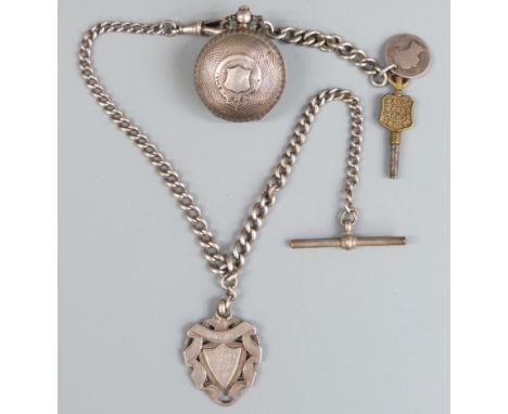A hallmarked silver engine turned sovereign holder with hallmarked silver fob, watch key and Victorian coin on a plated Alber