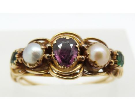 Victorian ring set with an amethyst, pearls and tourmaline in original box, 2.3g, size M