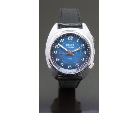 Imado gentleman's wristwatch with alarm, luminous hour and minute hands, red arrow tipped alarm hand, white Arabic numerals, 