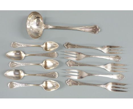 A quantity of German white metal cutlery marked 800 comprising five cake forks and ladle together with five American white me