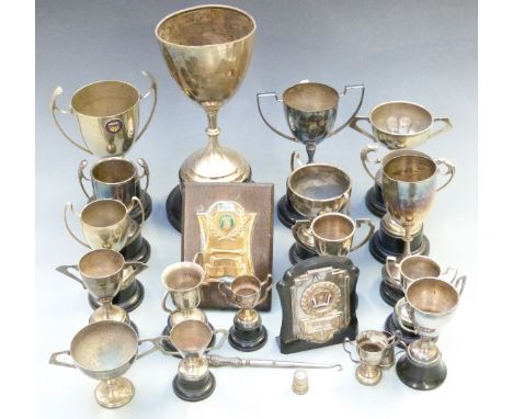 A quantity of various silver plated trophies and awards, height of tallest 26cm, Victorian hallmarked silver novelty miniatur