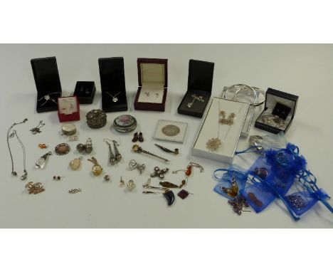 A collection of silver jewellery including pendants, filigree, earrings, enamel pot, bangle, Victorian kilt pin etc