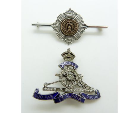 Two silver military sweetheart brooches, one for the Royal Artillery and set with enamel and paste, the other Scottish exampl