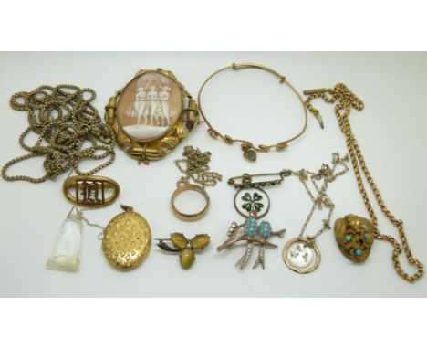 Victorian cameo, bangle, Victorian pendant, clover brooch, rolled gold Victorian chains, etc&nbsp;