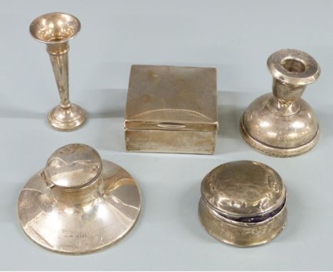 Hallmarked silver capstan inkwell, diameter 10.5cm, hallmarked silver spill vase, cigarette box, candlestick and dressing tab