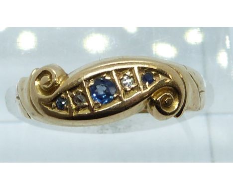 An 18ct gold ring set with sapphires and diamonds by A W C &amp; Co, 2.6g, size O