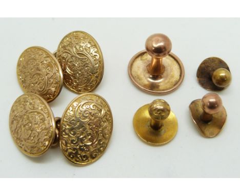 A pair of Victorian 9ct gold cufflinks, Birmingham 1899, three 9ct gold studs (7.7g) and an 18ct gold stud (0.5g) in vintage 