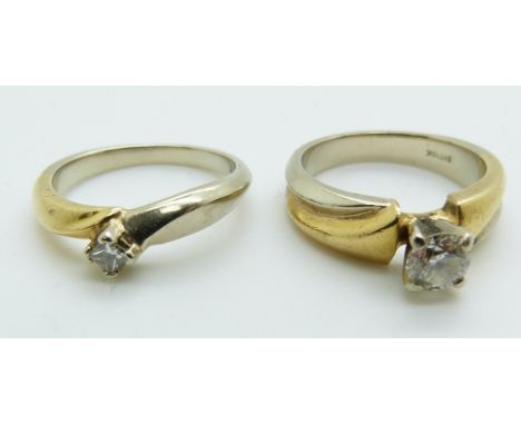 An 18ct gold bi-coloured ring set with a diamond of approximately 0.5ct, 6.3g, size L, together with a matching engagement ri