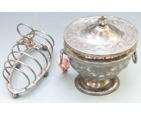 Victorian silver plated pedestal tea caddy with two-division interior, together with an Elkington six-division toast rack