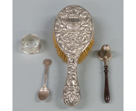 Hallmarked silver wooden handled candle snuffer, hallmarked silver napkin ring, silver teaspoon and a hallmarked silver mount