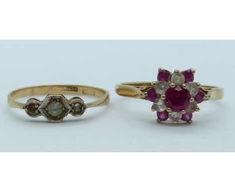 A 9ct gold ring set with paste and a 9ct gold ring set with synthetic rubies, 3.2g