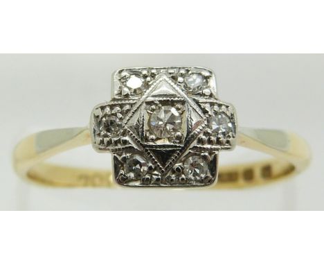 Art Deco 18ct gold ring set with diamonds in a platinum setting, 2.1g, size O/P