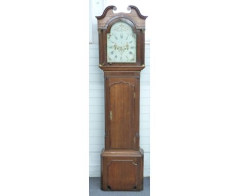 Geo. Moyle Chester, Georgian 8 day duration longcase clock, the oak and mahogany case with reeded quartered columns and scall