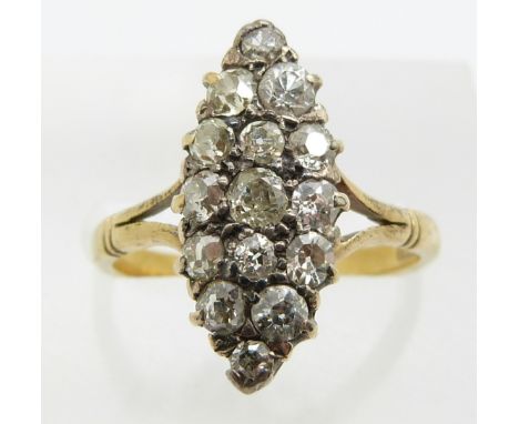 Victorian 18ct gold marquise shaped ring set with diamonds, 3g, size M