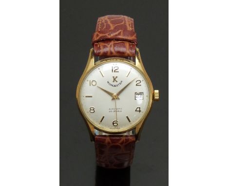 K Worcester gentleman's automatic wristwatch with date aperture, two-tone hands, gold hour markers, silver dial, gold plated 