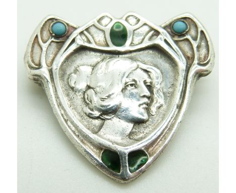 Charles Horner Art Nouveau silver and enamel brooch depicting a lady, Chester 1903
