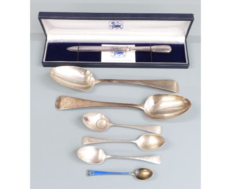 Pair of Georgian hallmarked silver table spoons, London 1826, further cutlery including Swedish white metal and enamel exampl