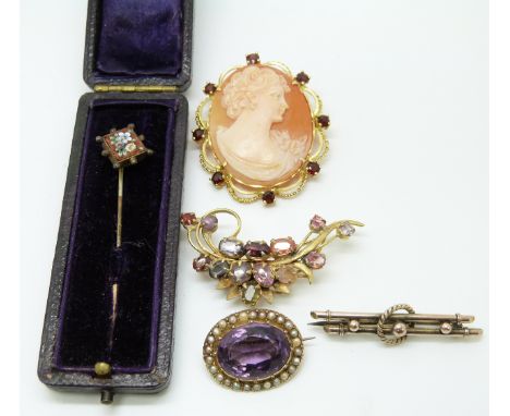 A micro mosaic stick pin, 9ct gold Edwardian brooch set with seed pearls, 9ct gold brooch, cameo brooch and a brooch set with