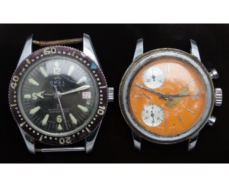 Two gentleman's wristwatches one Globa chronograph with orange dial, silver sub dials, luminous hands, baton markers, stainle