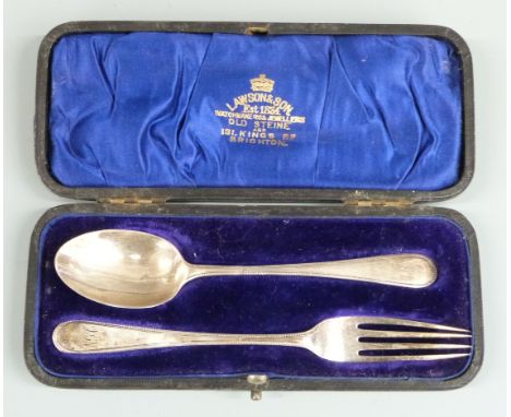 Cased Edward VII hallmarked silver presentation fork and spoon set, Sheffield 1901, weight 44g, the box marked Lawson &amp; S