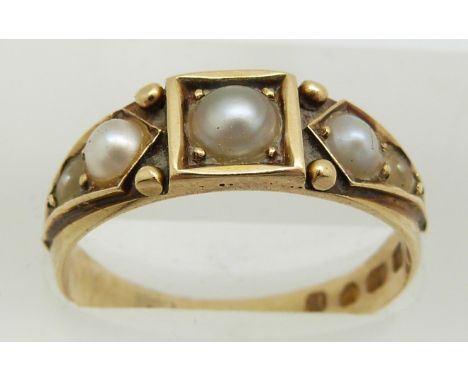 Victorian 18ct gold ring set with pearls, London 1877, in original box, 3.3g, size M