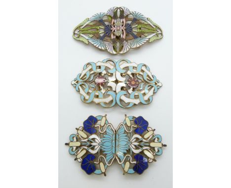 Three Art Nouveau enamel belt buckles&nbsp;