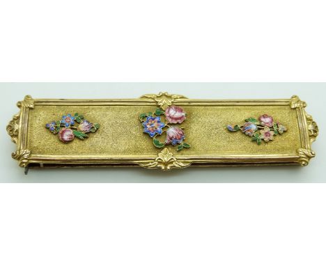 Victorian pinchbeck buckle decorated with Bilston enamel flower, 8.4 x 2.2cm&nbsp;
