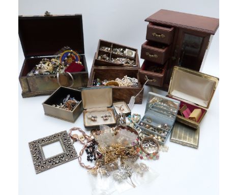 A collection of costume jewellery including vintage bracelets, silver necklace, Jewelcraft earrings, beads, earrings, wooden 