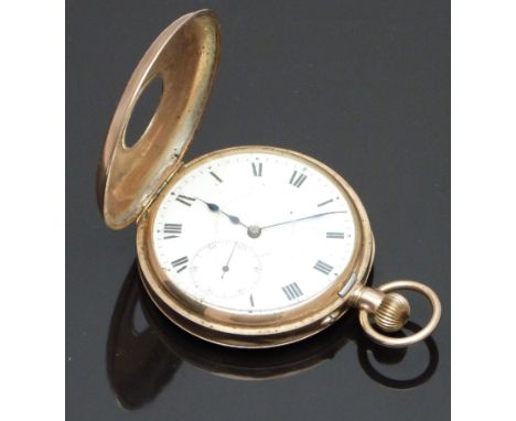 9ct gold keyless winding half hunter pocket watch with&nbsp;inset subsidiary seconds dial, blued hands, black Roman numerals,