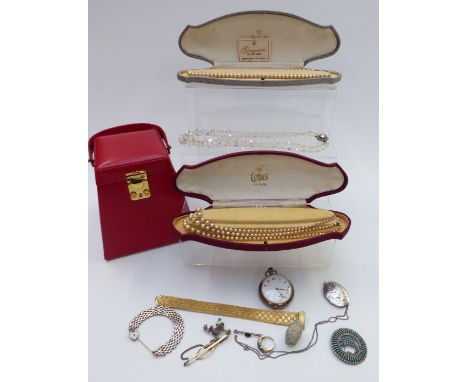 A collection of jewellery including silver locket, silver ring, silver gate bracelet, white metal pocket watch etc, in a Jaco