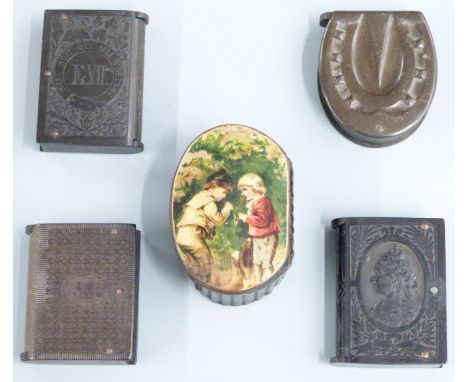 Lacquer snuff box with scene of two boys to lid, together with four early plastic examples formed as books and a horseshoe
