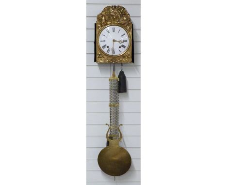 19thC French comptoise wall clock, the two train weight driven movement with anchor escapement, striking on a bell, the ename