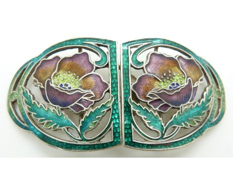 Art Nouveau white metal belt buckle with enamel decoration depicting flowers, marked silver, width 9cm, weight 42g