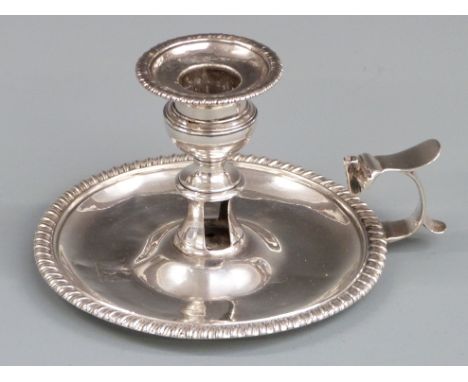 Georgian hallmarked silver chamber stick with gadrooned rims, marks rubbed but likley London 1805, height 9cm, weight 374g