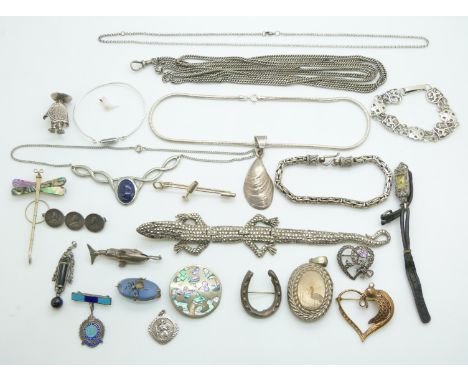 A collection of silver jewellery including pendant in the form of a shell (Mexico), St Christopher, brooches, bracelet, Edwar