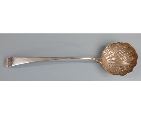 Georgian hallmarked silver soup ladle with embossed bowl, London 1786 maker&nbsp;Thomas Wallis II, length 34cm, weight 136g