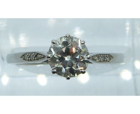 Art Deco platinum ring set with a diamond of approximately 1ct and with diamond encrusted shoulders, maker B &amp; D, 3.1g, s