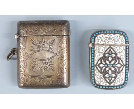 Continental white metal and enamel vesta case marked 880, together with a hallmarked silver example, Chester 1907 maker&nbsp;