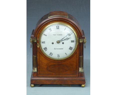 Georgian mahogany shelf/mantel clock with Thos. Cosher, Tottenham to the painted Roman dial, the arch-topped inlaid case with