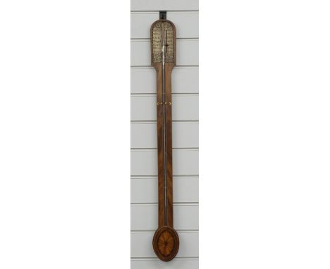 Georgian style stick barometer in mahogany case with boxwood string inlay, the silvered prediction dial engraved with foliate