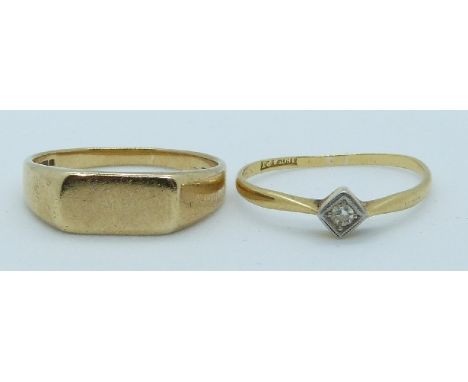 An 18ct gold ring (1.1g) set with a diamond and a 9ct gold ring (3.2g)